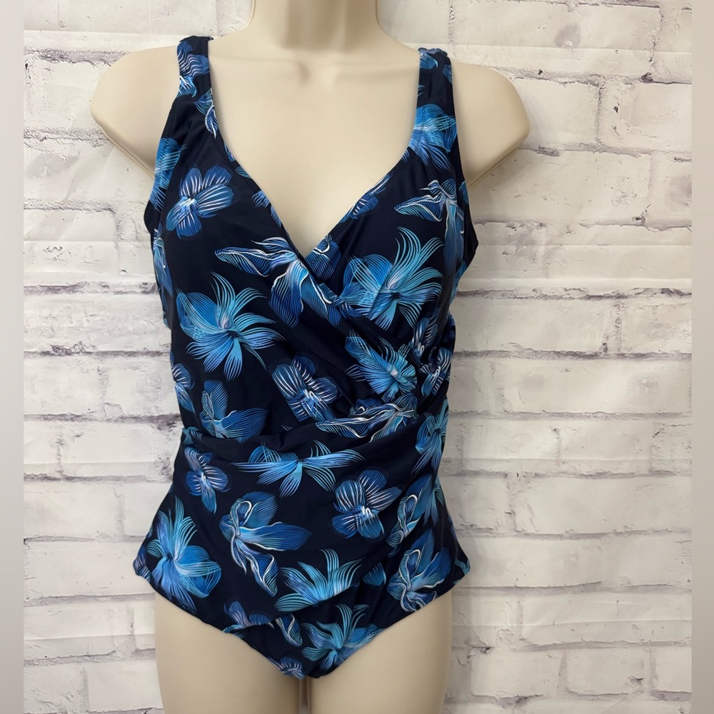 Seekers USA Size 12‎ Blue Slimming One Piece Swimsuit Floral Lined Soft Cup